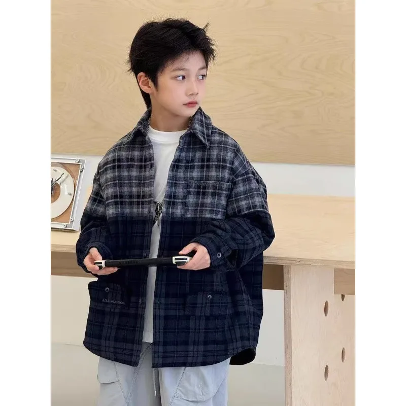 

Boys Thickened Shirt Jacket 2025 Autumn and Winter New Lapel Cotton Plaid Shirt Children's Korean Version Cotton-padded Clothes