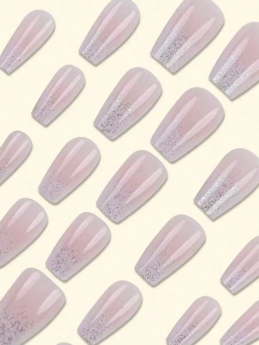 

Y2K 24Pcs Medium Long Coffin Glossy Press On Nails Pink French Gradient Glitter False Nails Sweet Elegant Manicure Nail Art Set for Women Holiday Party Daily Wear