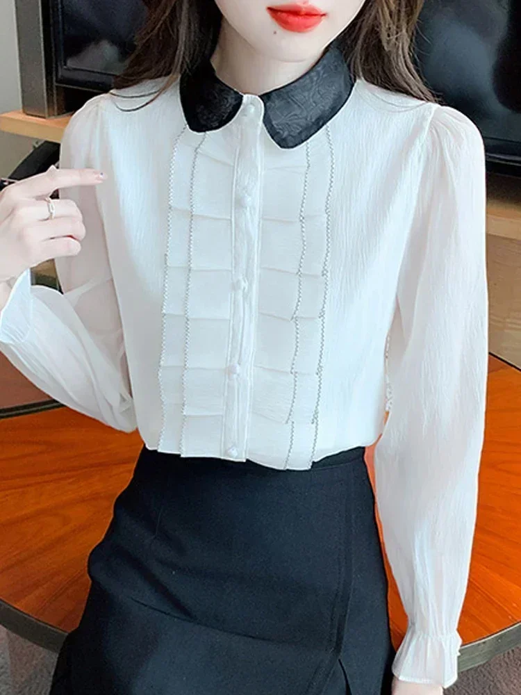 

New Fashion Doll Collar Ruffles Chiffon Blouse Shirt Women Tops Blusas Mujer De Moda 2024 Long Sleeve Blouse Women Blusa G987