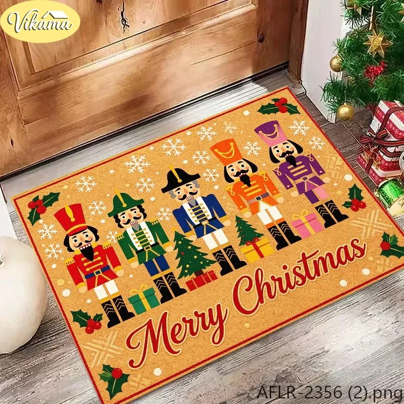 VIKAMA Nutcracker & Clock Flannel Door Mat, Non-Slip Machine Washable, Decor for Front Door Entryway Kitchen Bedroom