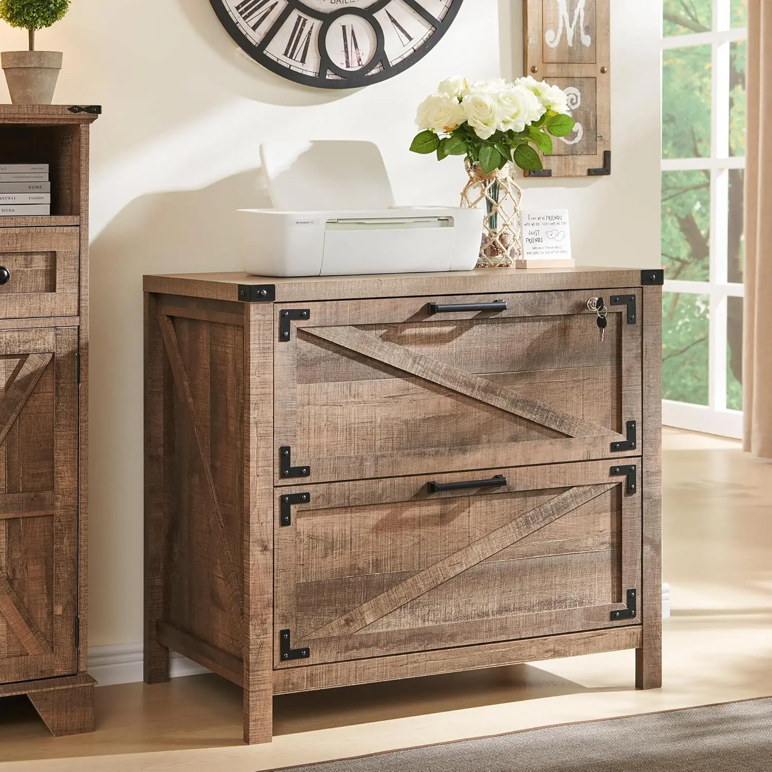 

2 Drawer Farmhouse File Cabinet, Lateral Filing Cabinet for Home Office, Compatible Legal Letter A4 F4 Size, Warm Brown