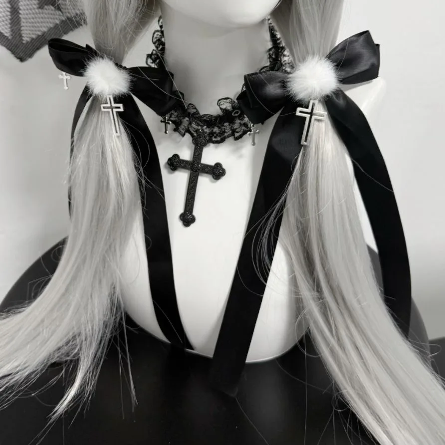 Pince à cheveux gothique avec nœud en ruban noir pour femme, accessoire de style foncé, Landmine, doux et cool, à la mode et haut de gamme