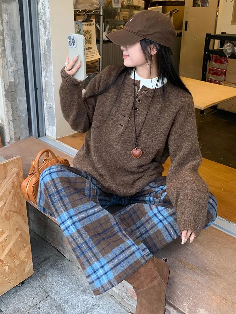 Retro Blue Plaid Drawstring Lace-up Wide Leg Pant Autumn Winter High Waist Loose Pleated Straight Trousers Streetwear Casual Y2k