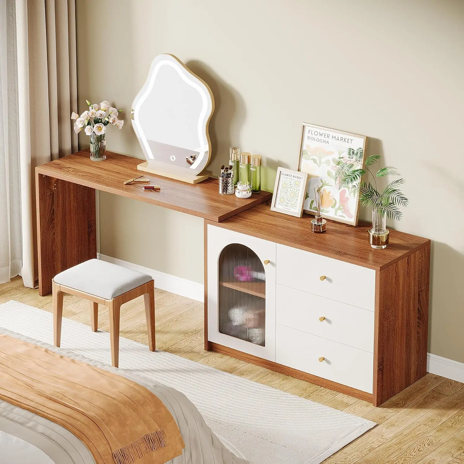 Retractable Makeup Vanity Desk Modern Dressing Table Walnut Bedroom Furniture, Customized