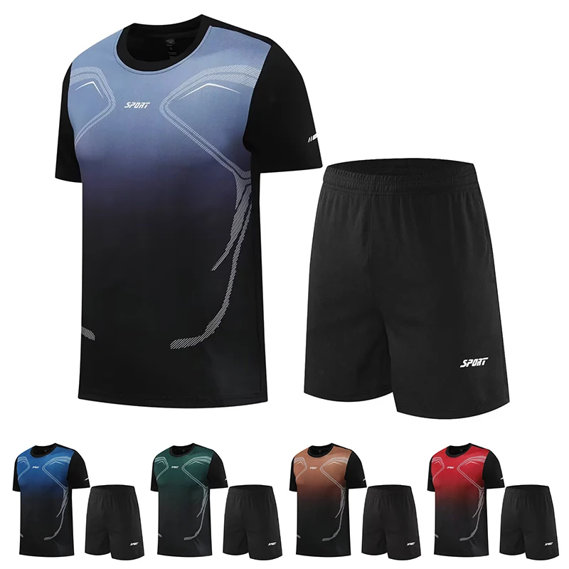 

Summer Gradient Sportswear Men's Women's Casual Quick-drying T-shirt + Shorts Running 2-piece Set Basketball Fitness Men's suit