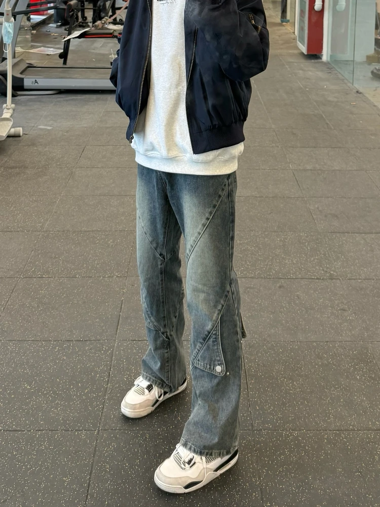 

American Vibe High Street Retro Blue Hip Hop Spliced Washed Men's Straight Leg Bell Bottom Slimming Long Jeans