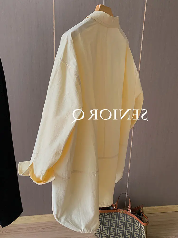 Yellow Cotton Loose Shirt For Women\'s 2024 Spring Korean Version With Design Sense Of Front Short Back Long Sleeved Top
