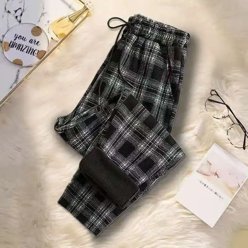 Autumn and Winter Women's Plaid Mid Waist Elastic Drawstring Loose Fit Straight Barrel Long Harun Fashion Elegant Casual Pants