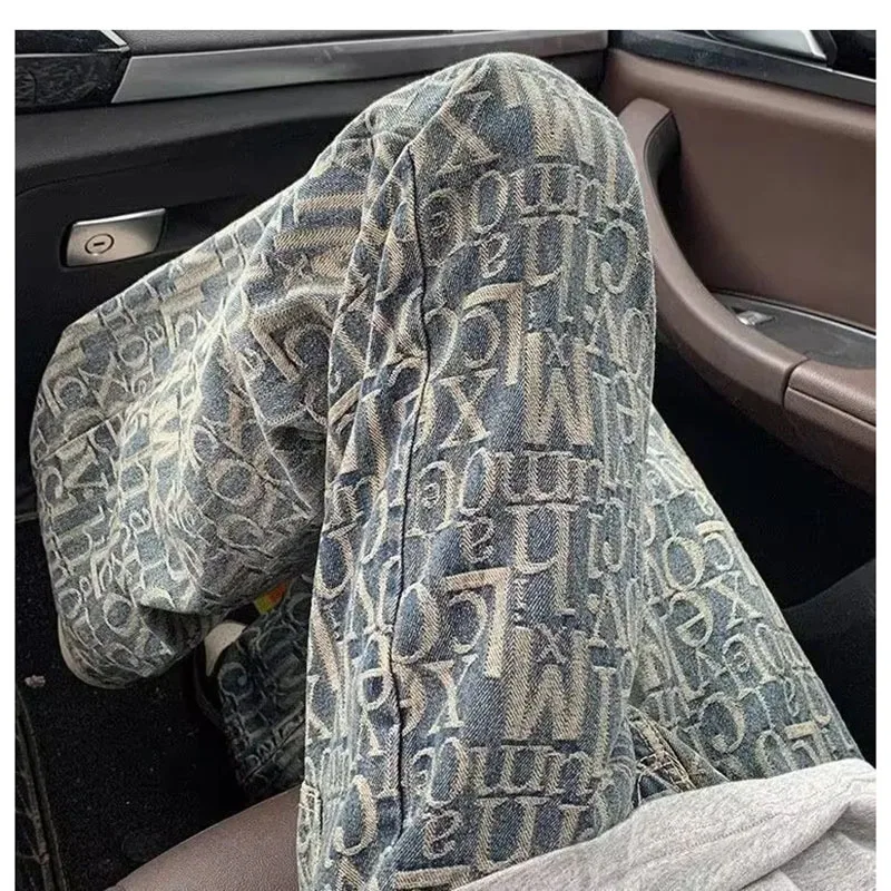 

Ladies New Letter Printed Jacquard Jeans Spring And Autumn Design Sense Pants American High Street Loose Straight Waist Jeans