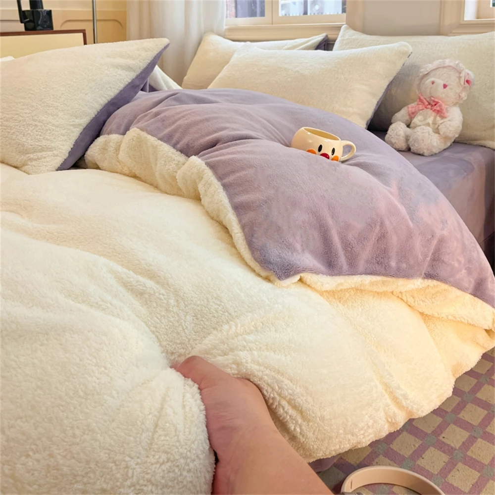 Solid Color Bedding Set Winter Thickened Warm Duvet Cover Pillowcase Four Piece Set Flannel Coral Fleece Bed Sheet Quilt Cover