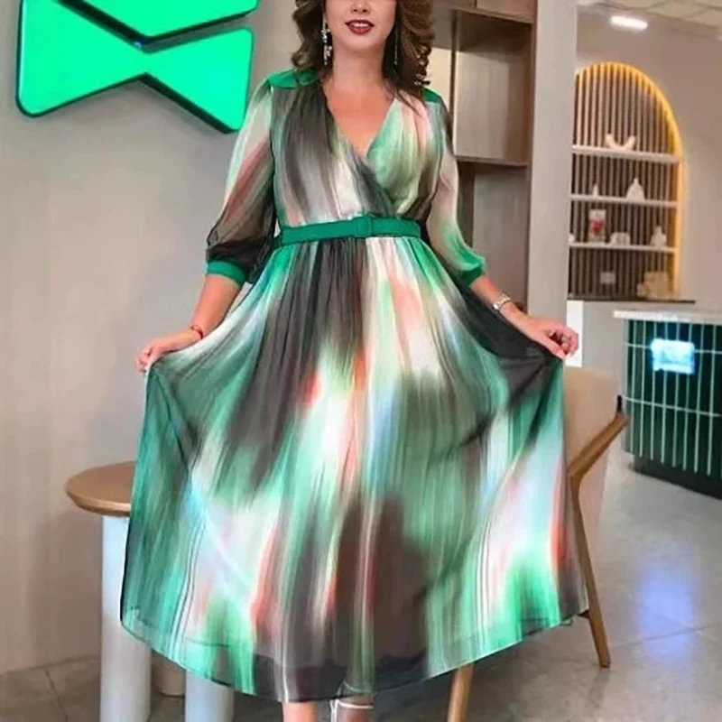 

Elegant Lady V-neck High Waist Chiffon Maxi Dresses Casual Lapel Printed Pleated Dress Fashion Half Sleeve Loose Commute Dress