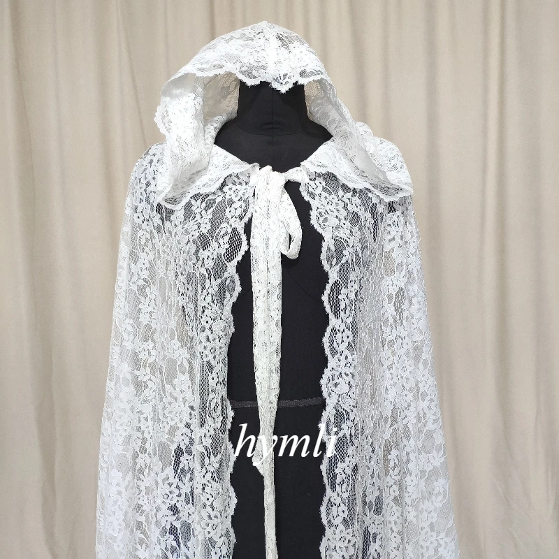 Ivory Hooded Lace Bridal Cape Wedding Cloak , Front Tie Detail A Fusion of Romance and Elegance
