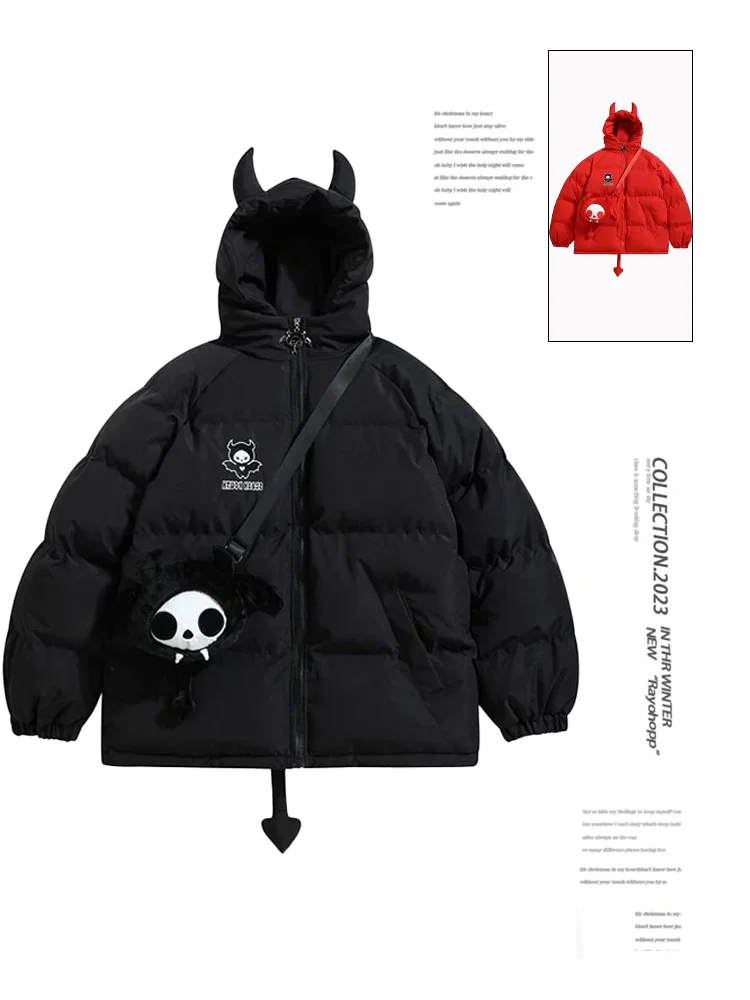 Women Black Gothic Thicken Parkas Jacket Hip Hop Devil Horns Wing Couple Hooded Padded Jacket Streetwear Emo Coat Winter Clothes