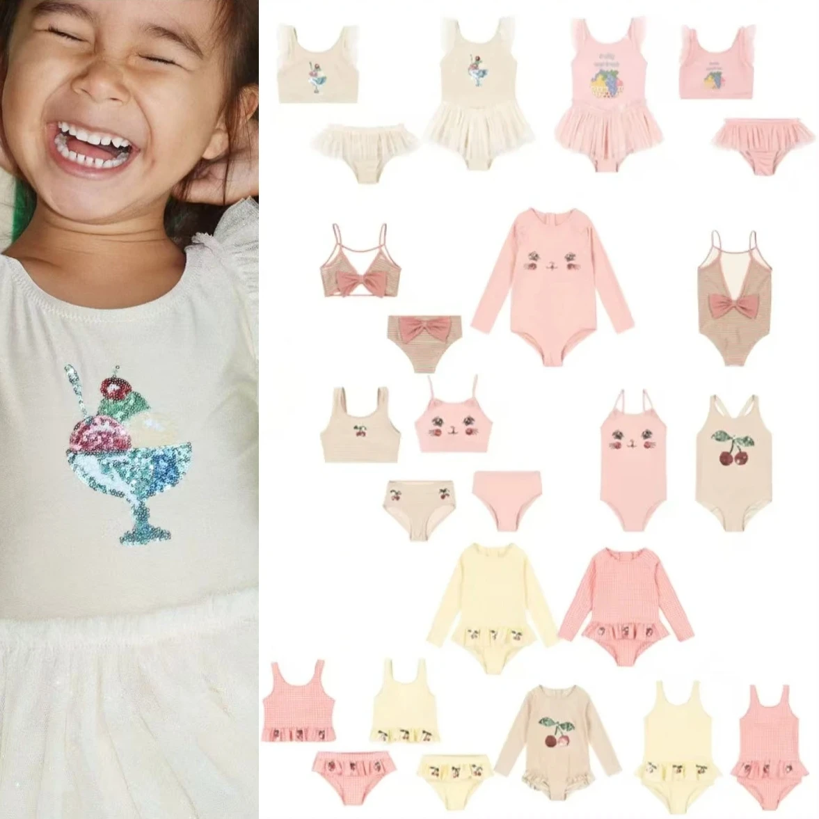 

2026 Summer KS Baby Girls Cherry Strawberry Sequin Swimwear Bikinis Sets Kids Beach Wear Girls Lace Princess Swimsuit One Piece