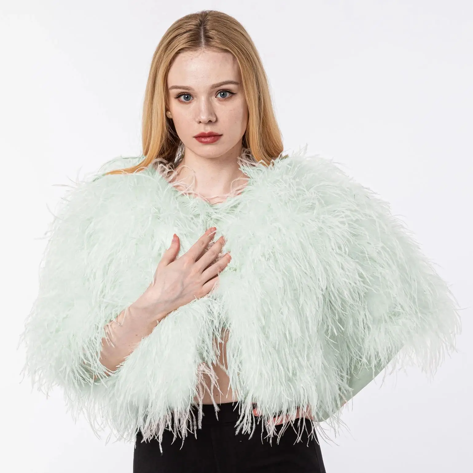 Luxurious Furry Ostrich Feather Jacket, Peach Fuzz Fashion, Wedding Party, Concert, Bride B230408, 2024