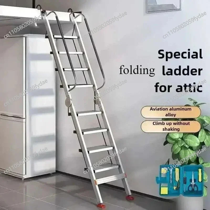 Aluminum Alloy Folding Attic Ladder Home Telescopic Thickened Herringbone Ladder Multi-functional with Handrail Staircase
