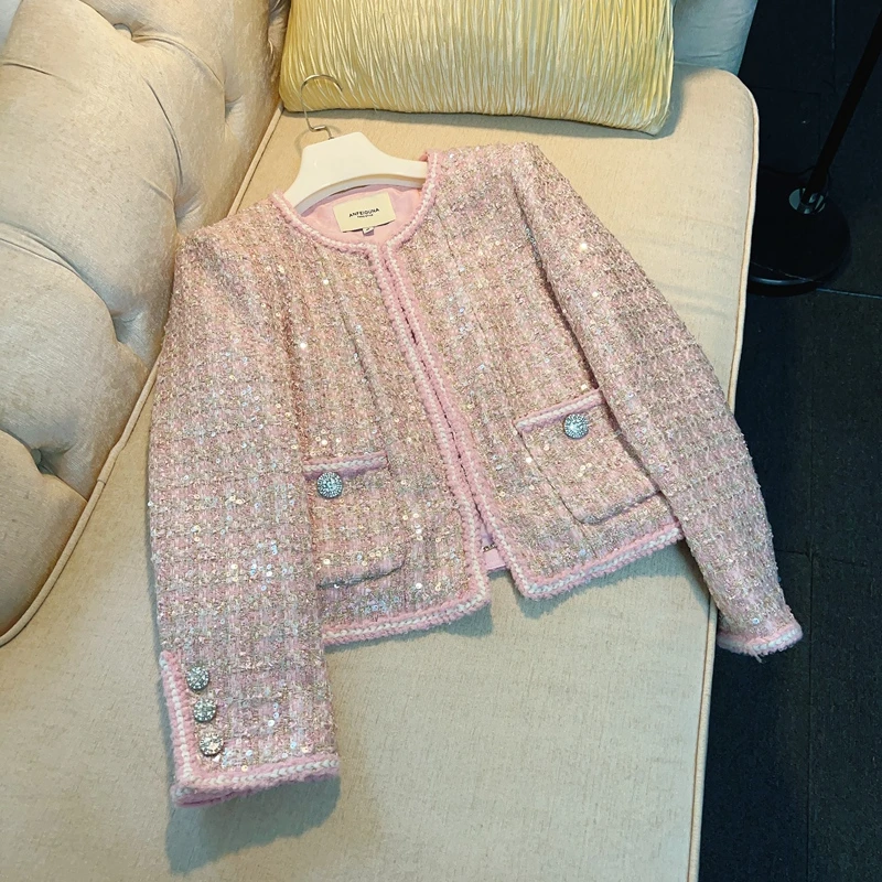 Imagem -02 - Jaqueta Feminina Pequena com Lantejoulas Jaqueta Feminina Rosa de Tweed Blusa com Gola em o Estilo Francês Cabolsas Luxuosos Outono e Inverno 2023