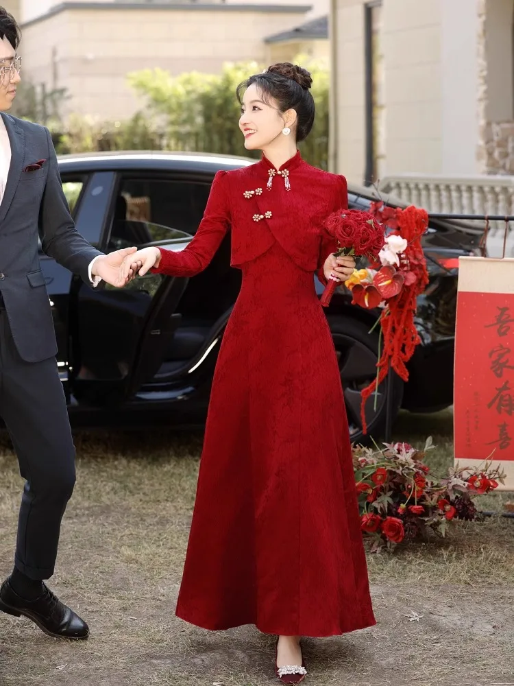 

Красное свадебное платье-комплект в новом китайском стиле для невесты, женское, 2025 года, для свадебной церемонии, с жемчужной отделкой, А-силуэт