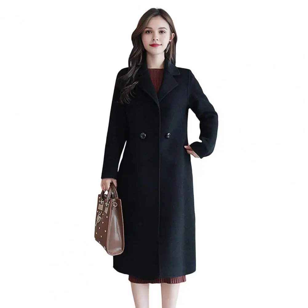 Women Jacket Double-breasted Overcoat with Turn-down Collar Pockets Loose Thermal Long for Outerwear