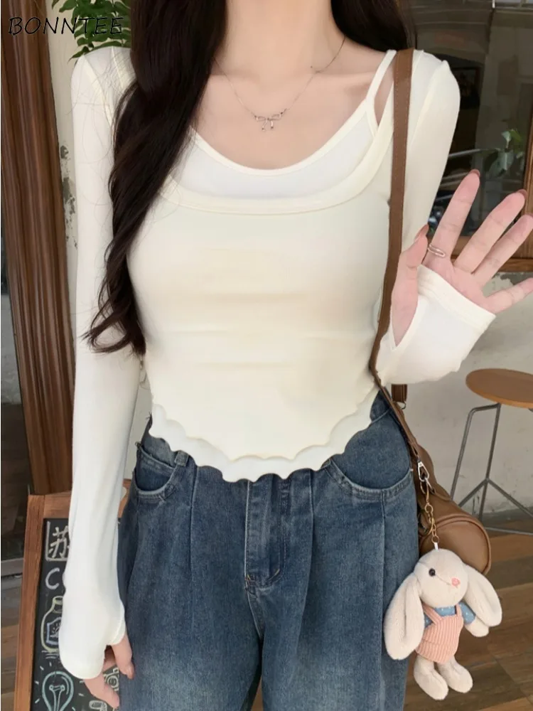 

Футболки для женщин, искусственные комплект из 2 предметов, универсальные абрикосовые топы для молодых девушек, обтягивающие уличные футболки с длинными рукавами, минималистичные шикарные новые