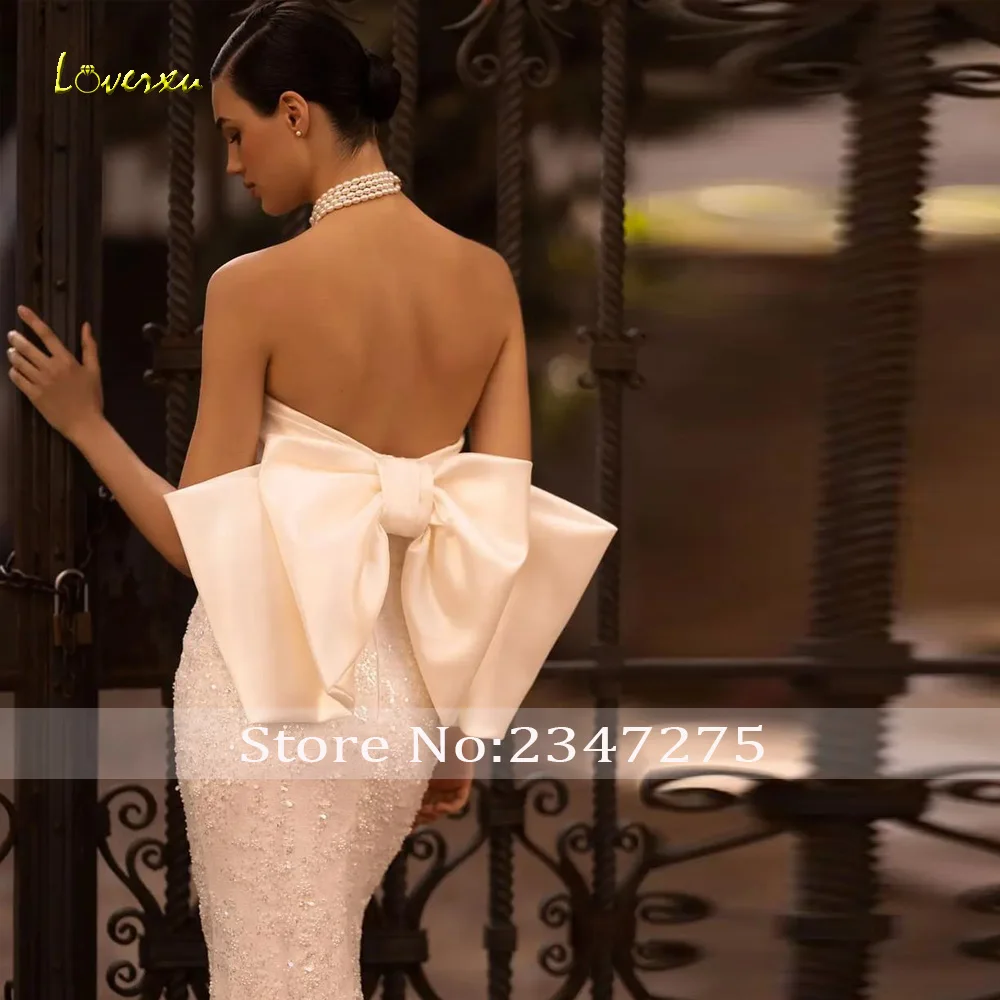 Loverxu-vestidos De Novia elegantes De sirena, Vestido sin mangas con cuello De barco, cinta De lazo De encaje, bata Simple De Mariee, 2023