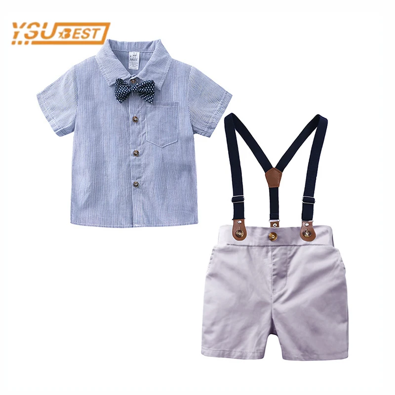 

Infant Baby Boys Clothes Set Kids Baby Boys Short Sleeve Stripe Bow Tie Shirt + Straps Shorts 3pcs Gentleman Toddler Clothes