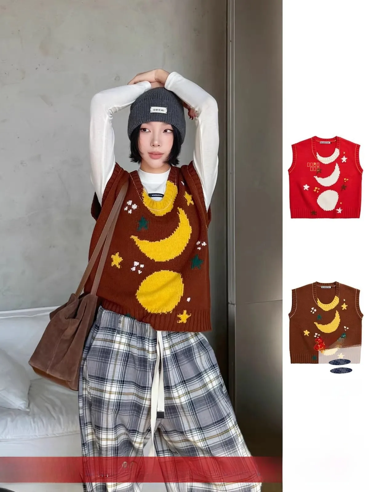 

Brand Camere Star Moon Vest DEARSOCUTE Handpied Store Casual Sle Women's Outerwear round Ne Loose Fit