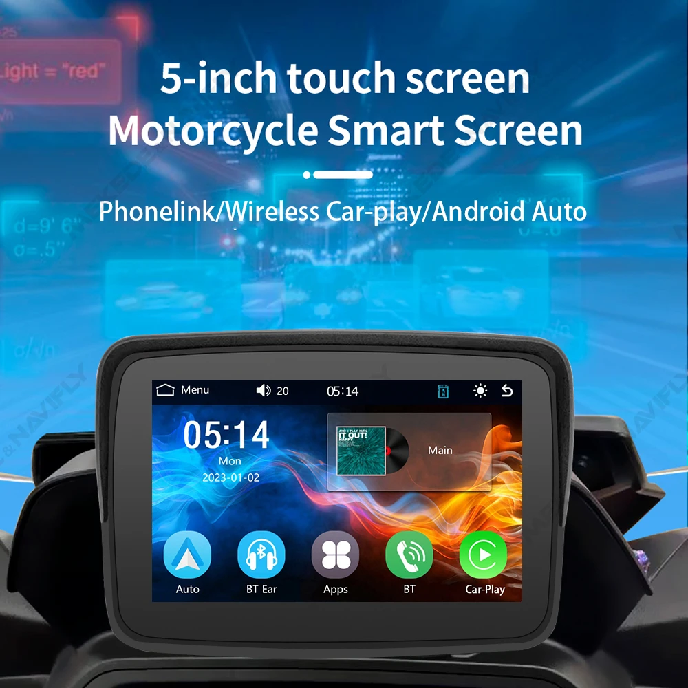 5' Portable Wireless Carplay Android Aut Motorcycle Smart Screen Support GPS Dual BT IP67 Waterproof Screen Recorder PhoneLink