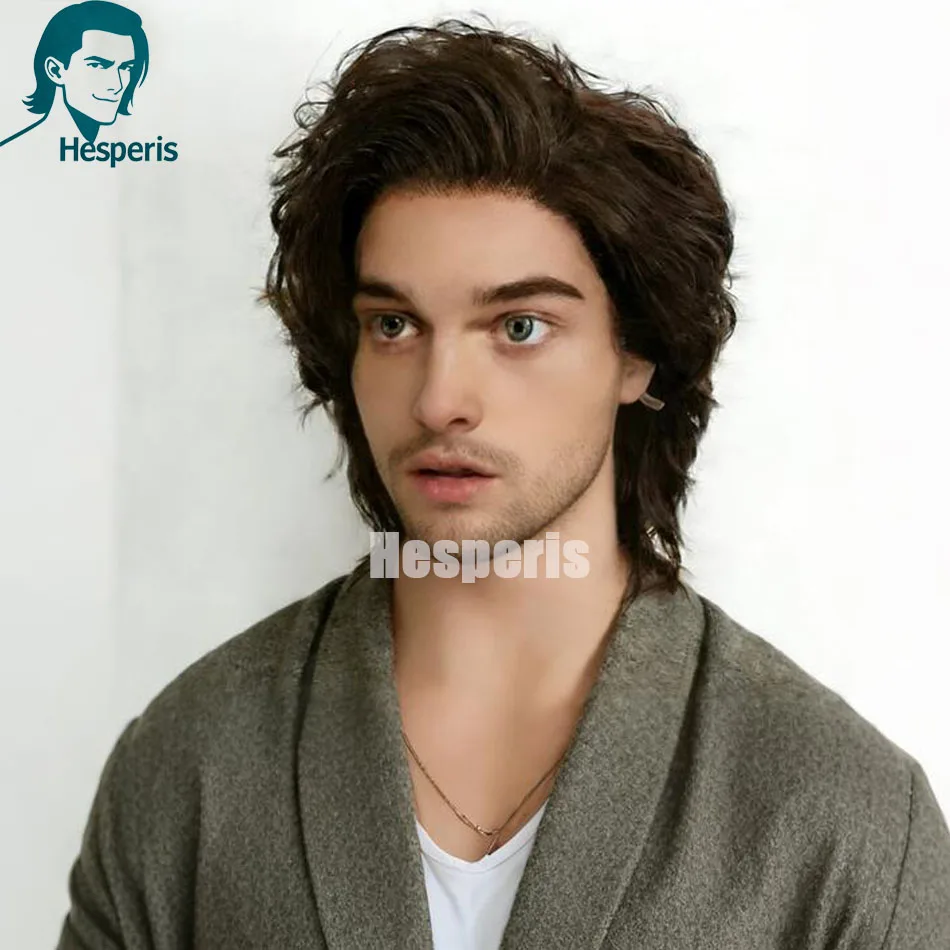 

Hesperis 13x6 Lace Front Human Hair Wig for Men Brown Natural Wavy Pre-Plucked Short Cut Pre-Style #4 Color Male Wigs