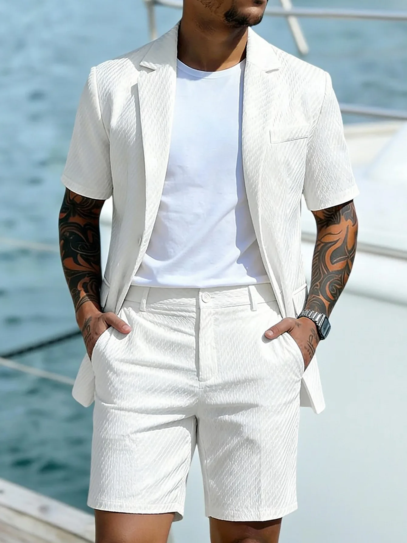 Herren Leichter Strukturierter Zweiteiler mit Reverskragen, Kurzarm-Einreiher-Blazer und Passenden Shorts für Sommerlichen Smart-Casual-Look – Detail 11