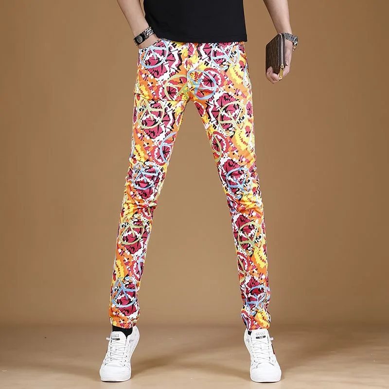 

High Quality Men’s Colorful Denim Pants,Classic Print Decors Street Jeans,Slim-fit Korea Version Casual Jeans,Cool Fashion Jeans