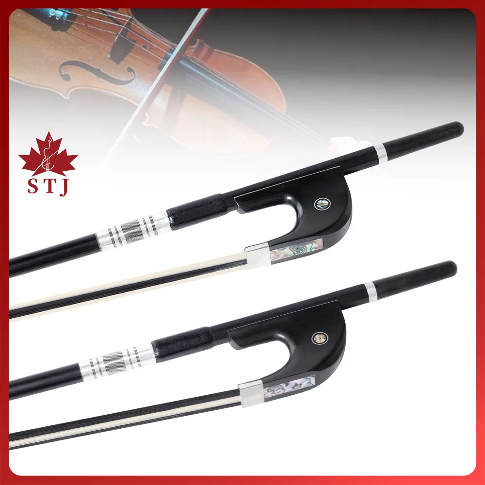 Double Bass Bow 1pcs German Style 3/4 Upright Black Good Carbon Fiber Stick, White and Black Horsehair Horsetail, Ebony Frog