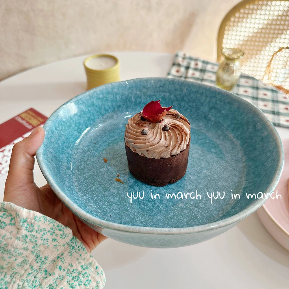 Turquoise Blue Ceramic Plate Exquisite Speckled Texture Glossy Surface Dessert Dining Plates Restaurant Kitchen Serving Tablewar