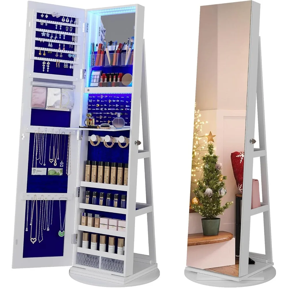 

360° Swivel Jewelry Cabinet with Lights,Standing Jewelry Armoire Organizer, Rotatable Jewelry Mirror, Full Length Mirror