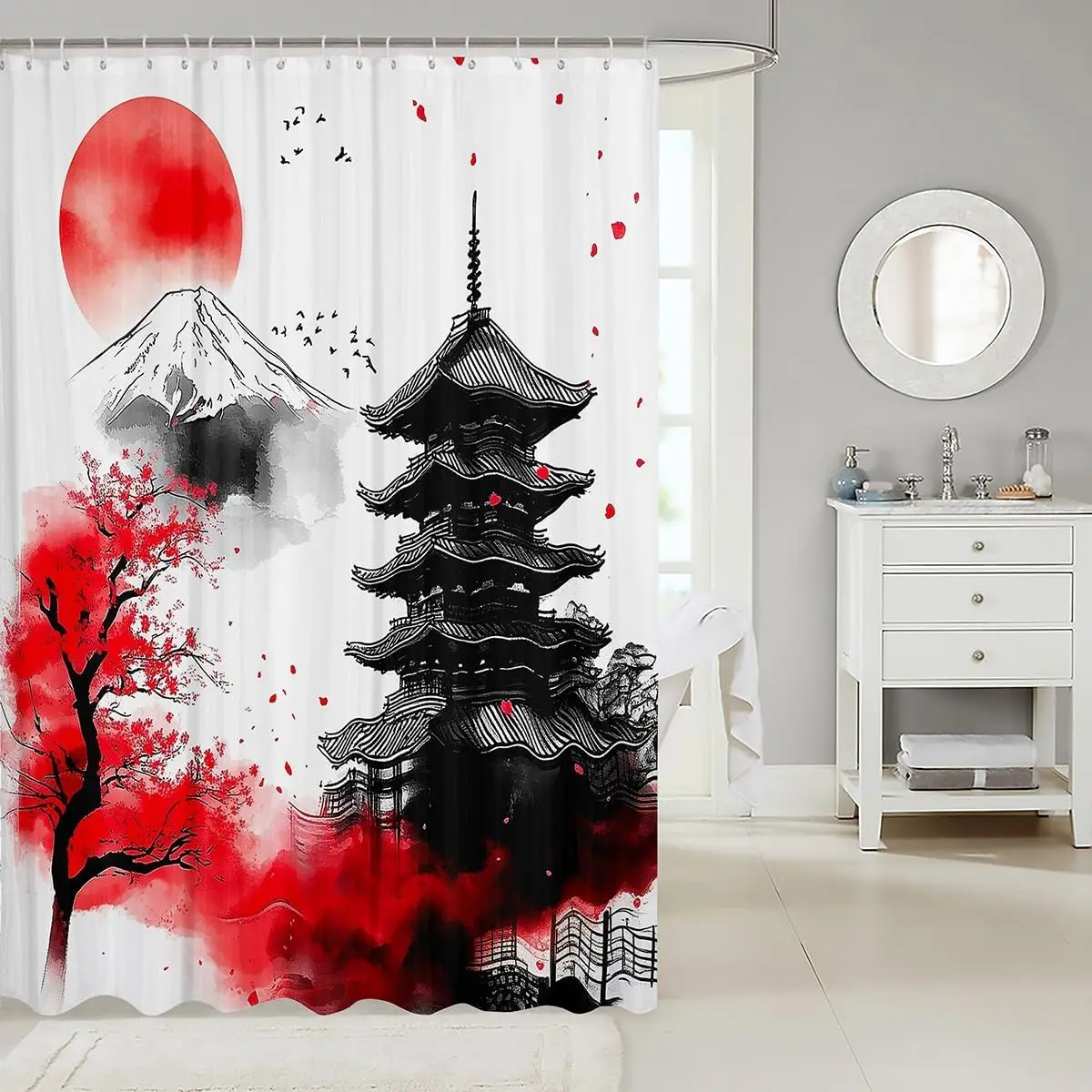 Japanese Style Shower Curtain,Traditional Building Black Hand Draw Bathroom Curtain,Red Sun Trees Nature Mountain Waterproof