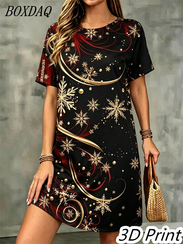 Fashion Elegant Christmas Party Printed Dress For Women Short Sleeve O-Neck Christmas 3D Pattern Loose Mini Dresses Casual Femme