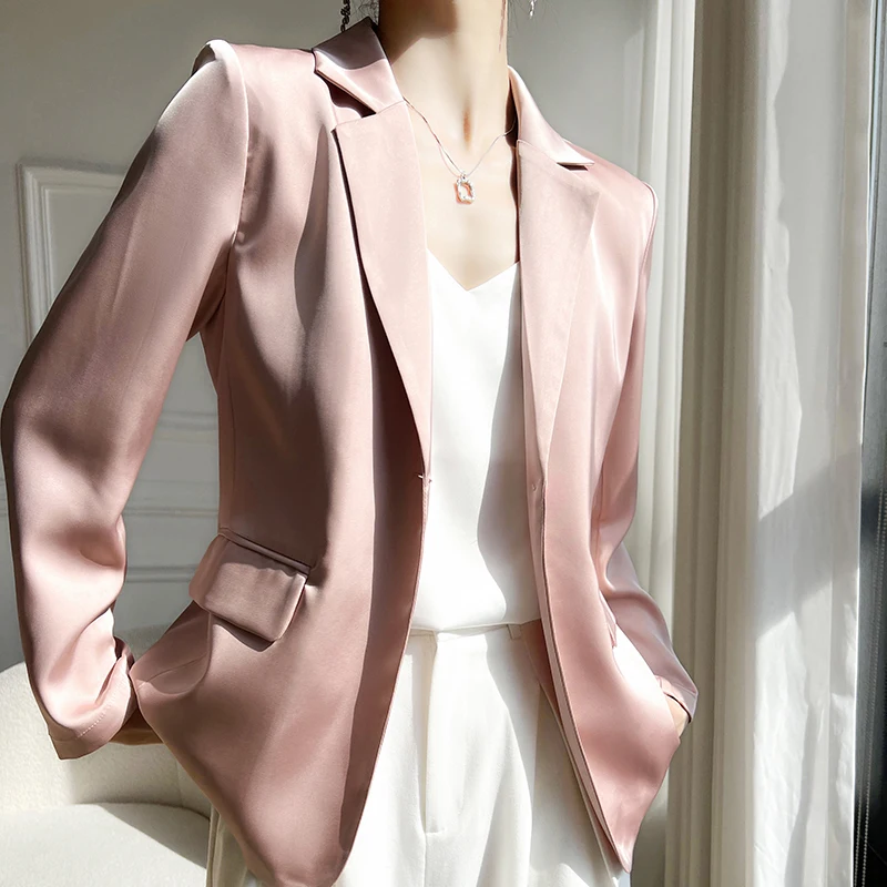 

High-Grade Acetate Satin Suit Jacket Women's Thin Spring and Summer New Loose Temperament Fine Edge-Covered Suit Jacket