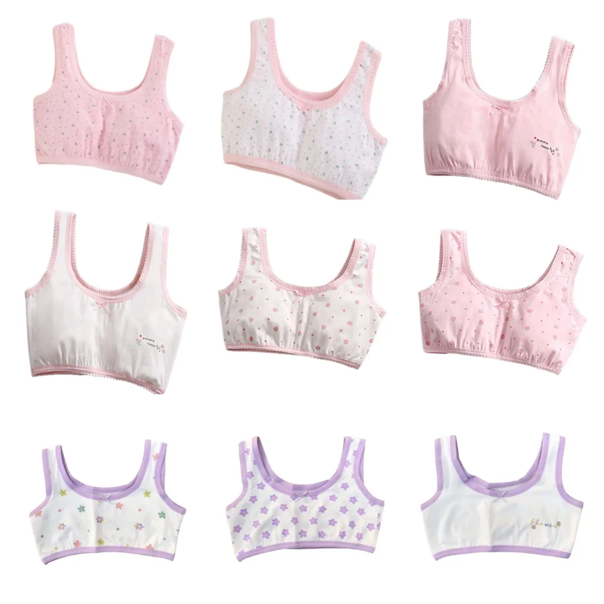 Girls Training Bra Set - Children's Pink Purple White Breathable Underwear for Teen Girls Growing Sizes 130-150