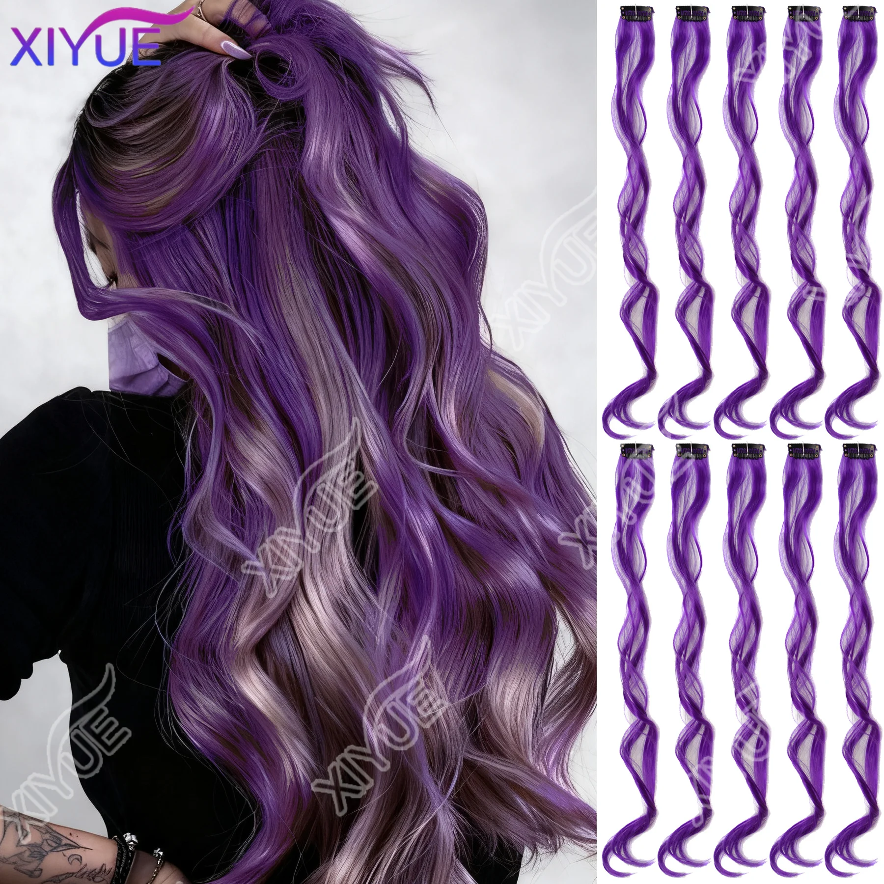 10Pcs Clip In Hair Clip In Wave Curly Hair Purple Red Wavy Hair With Clip In Hair Extension Synthetic 20inch Halloween Christmas