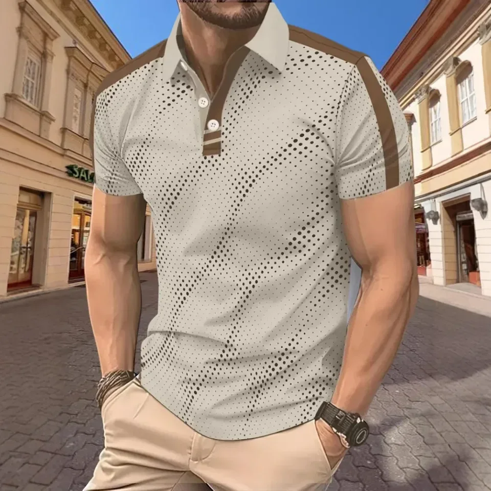 American European New Fashion 2025 Summer Men's Casual Trendy Turn-down Collar Short Sleeve Dot T-shirts Male Polo Shirts Tops