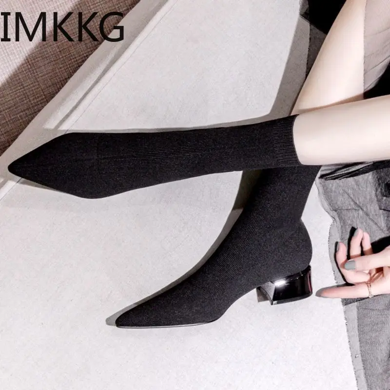 2020 Brand Women Warm Winter Boots Women\'s Mid High-Heeled Pointed Short Knitted Socks Boots Thick Heel Black Booties