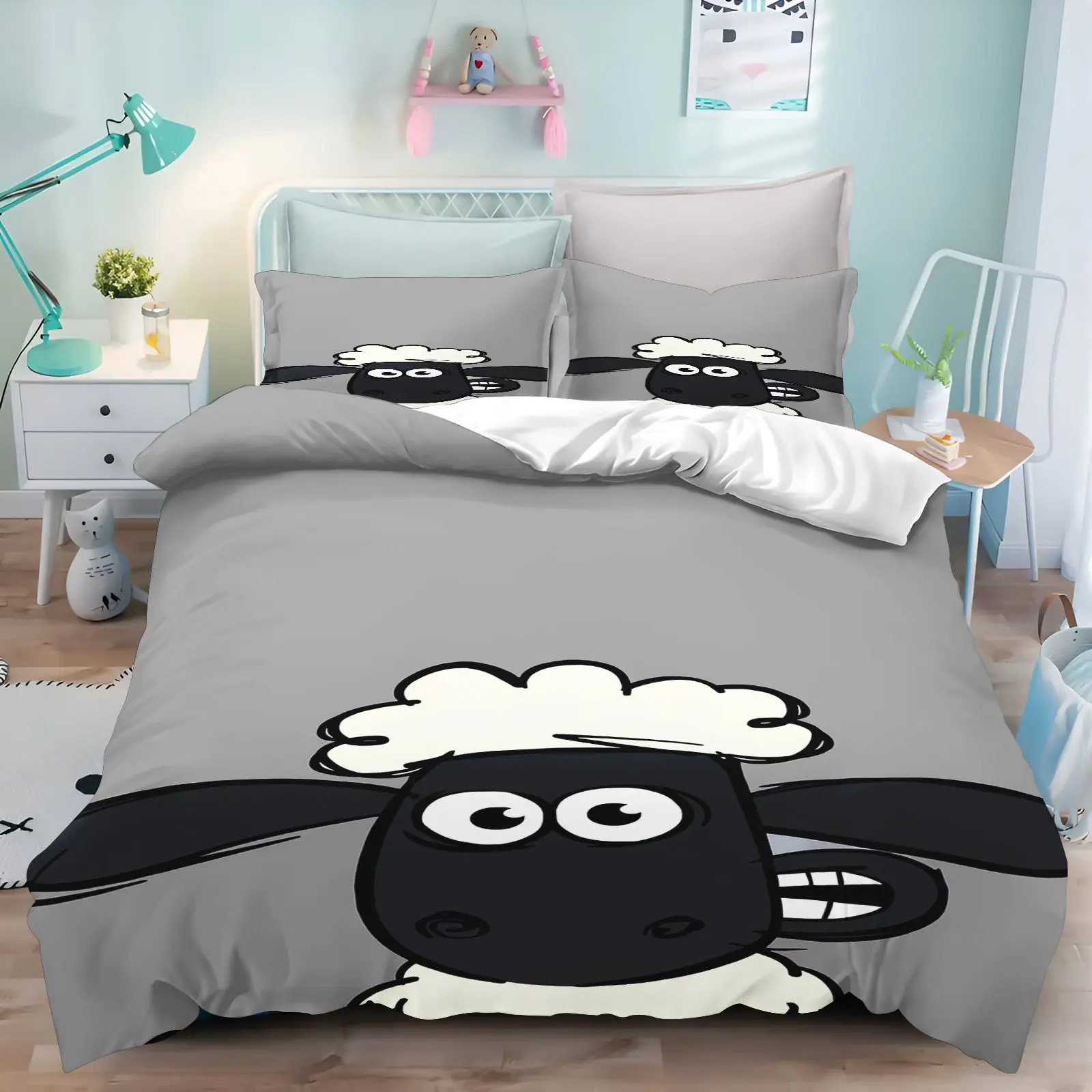 Shaun the Sheep Duvet Cover Set Cute Cartoon Sheep Print Bedding Set Soft Microfiber Quilt Cover for Kids Boys Girls Bedroom