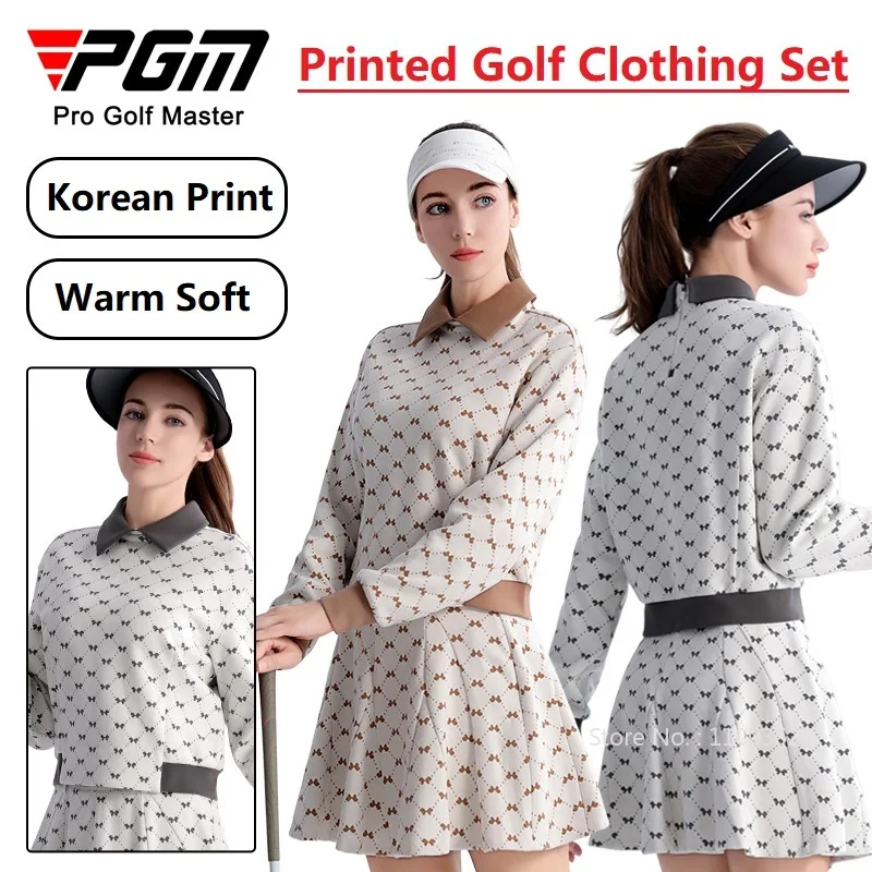 Pgm Golf Long Sleeved T-shirt Women Autumn Winter Printed Warm Tops High End Sports Skirt Lady A-lined High Waist Casual Skorts