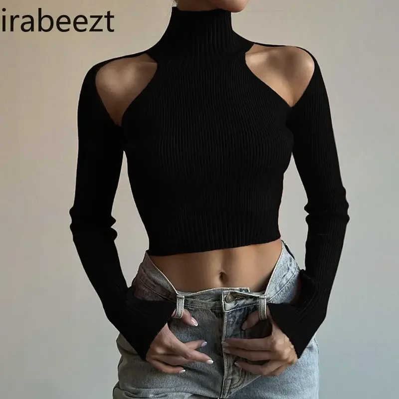 Ladies T-Shirts Black High Neck Hollow Out Off Shoulder Short Top Unique Sexy Spicy Girl Slim Fit Bottoming Shirt Women Clothing