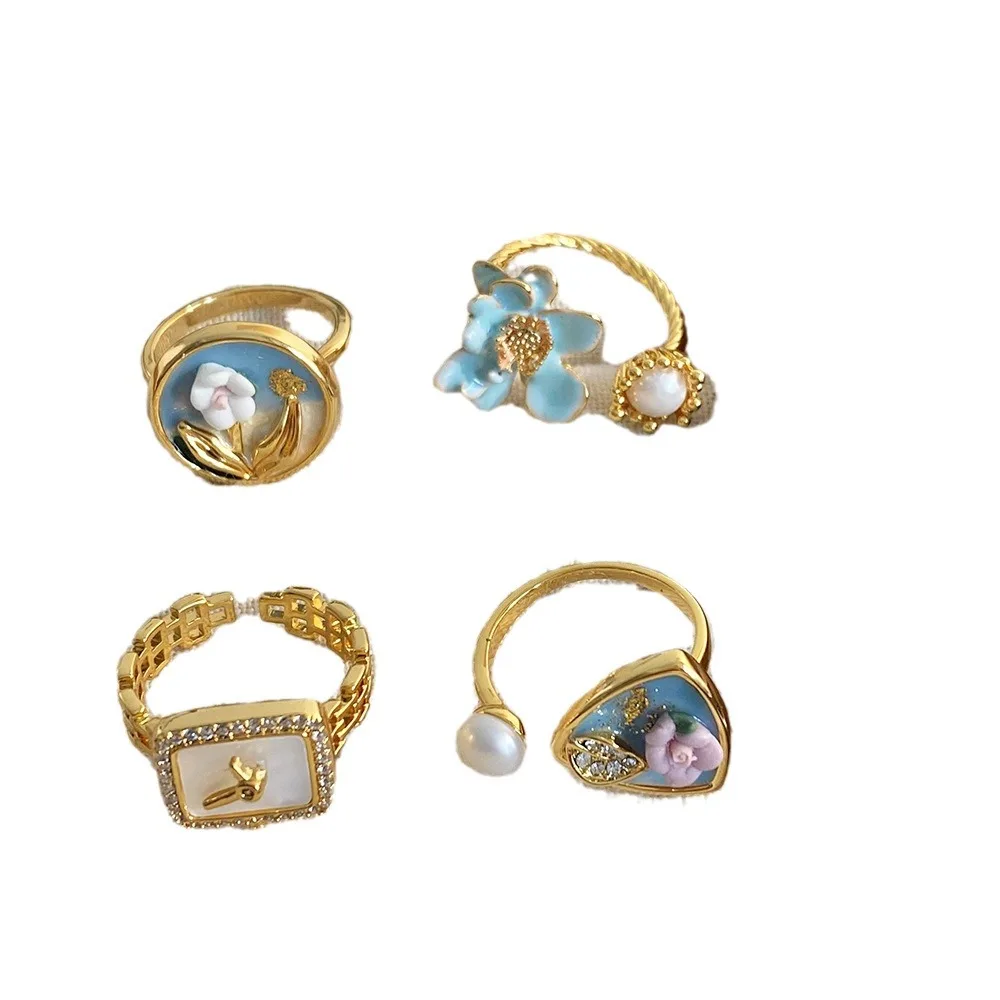 Vintage Design French Romance Rings for Women Oil Painting Flower Shaped Baroque Style Pearl Enamel Luxury Jewelry Elegant Gifts
