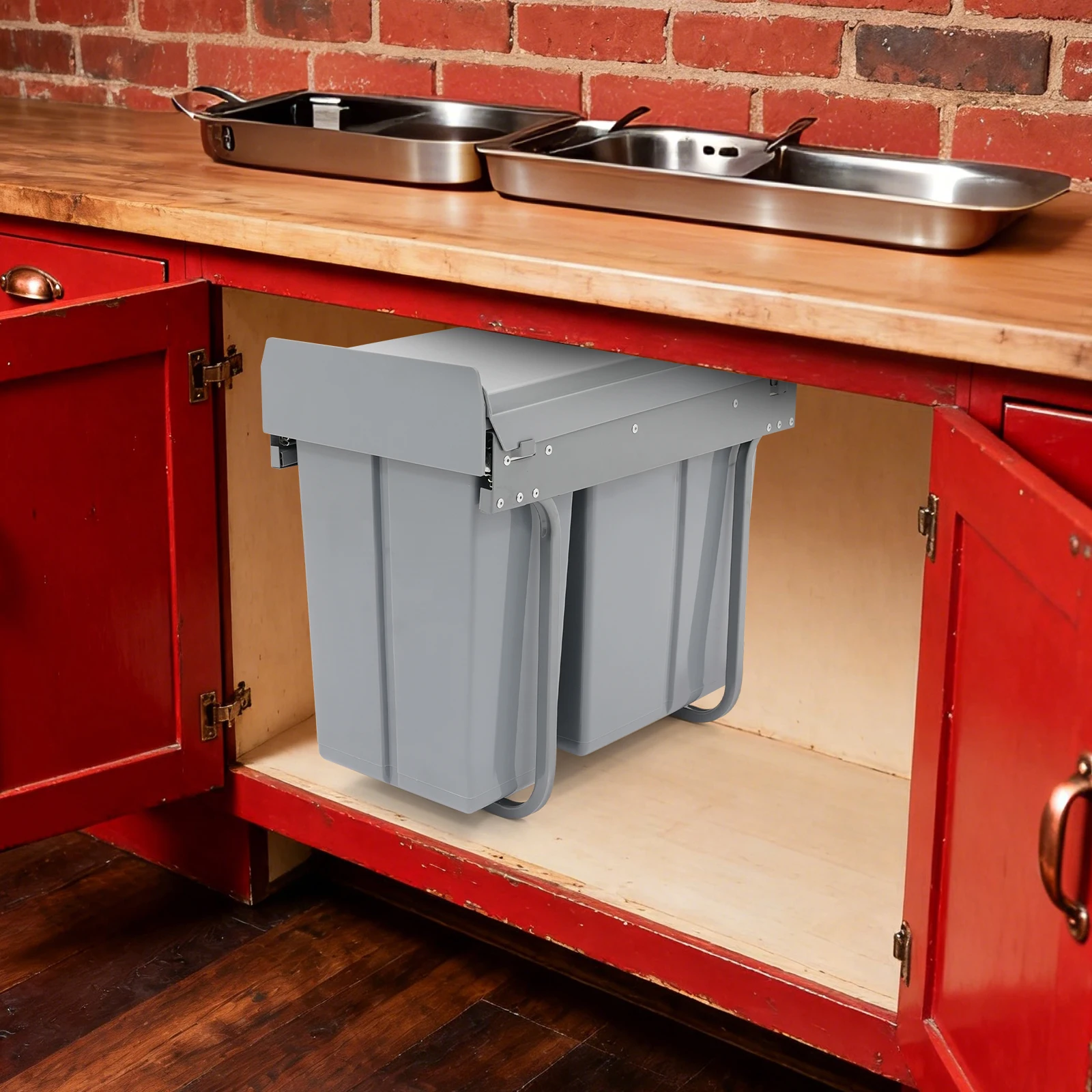 

10L+20L Slide-Out Trash Can, Dual Compartment ABS/PP Bin for Kitchen, Grey (Ordinary Rail)