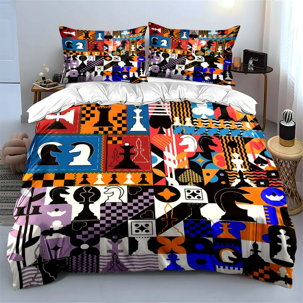 Chess Pieces and Pattern Collage Print Soft Comfortable Duvet Cover Bedding Set Included 1*Duvet Cover  2*Pillowcases