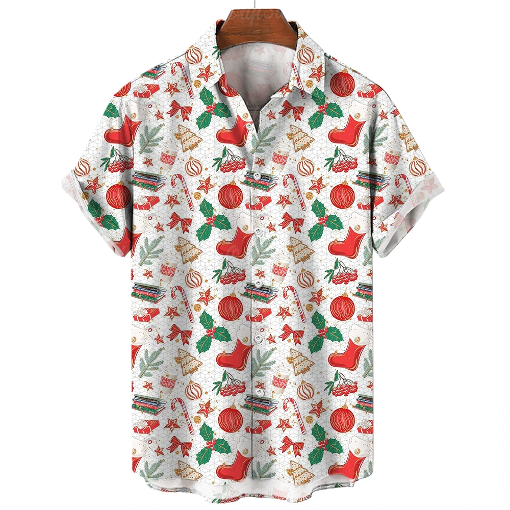 Xmas New Year Gingerbread Christmas Hawaiian Shirt Men's 3D Snowman Print Street Short Sleeved Loose Clothes For Men Clothing