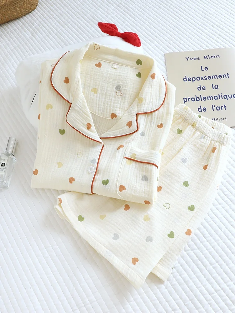 

2025 New Pure Cotton Double Layer Gauze Spwear ort ort Thin Collar Home Clothes for Women Summer Lightweight Comfortable