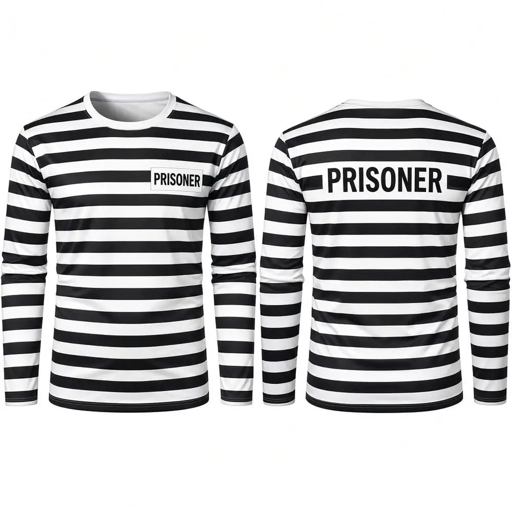 Black White Striped Prison Long Sleeve T-shirt Funny Halloween Cosplay Prisoner Costume Men Women Fashion Crew Neck Tops